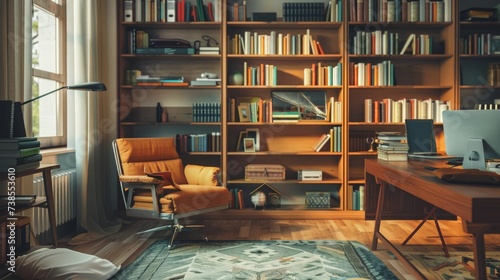 Contemporary Living Room with Floor-to-Ceiling Bookshelves AI Generated. © ArquitecAi