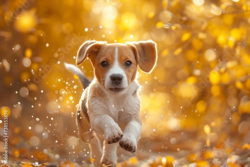 Cheer is captured in a Playful Beagle Puppy with Floppy Ears against a Vibrant Yellow Blur