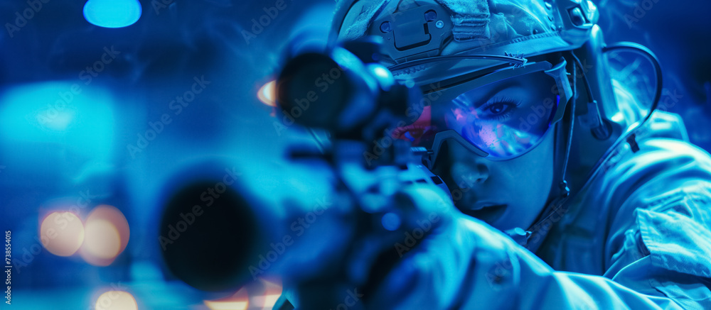 Tactical figure aiming in a blue haze. Tactical figure aiming in a blue haze.