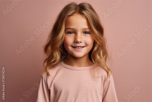 Portrait of a cute little girl with long blond hair on a pink background.