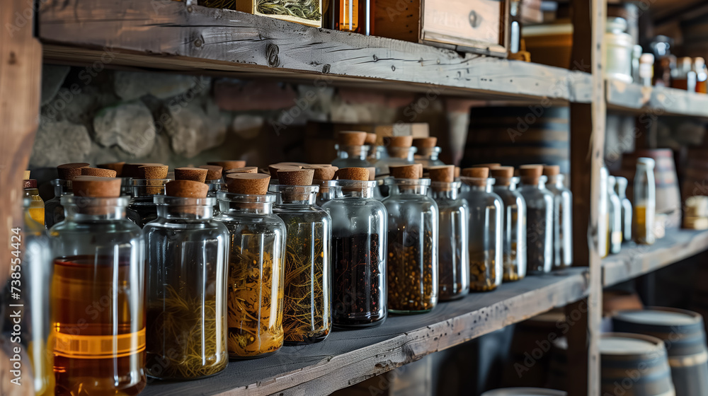 Glass jars of herbs and oils on shelves. Glass jars of herbs and oils on shelves.