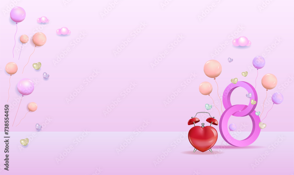 International Women's Day banner
with balloons, 3d vector image. Copy space
