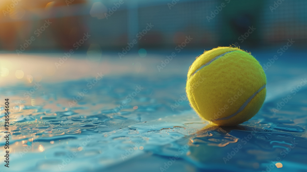 A vibrant tennis ball rests on a glistening wet tennis court, capturing the pause in action after a rainfall.