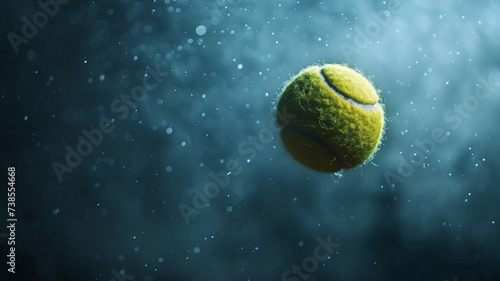 A tennis ball frozen in motion, surrounded by a mist of fine water droplets, captures the dynamic energy of the game © praewpailyn