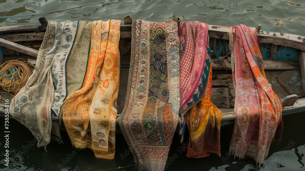 Colorful fabrics draped over a rustic boat. Colorful fabrics draped over a rustic boat.