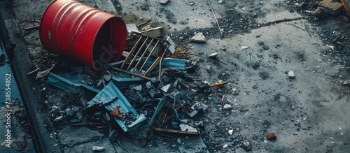 A pile of rubbish on the road, consisting of a damaged metal ladder, red barrel, and iron fragments.
