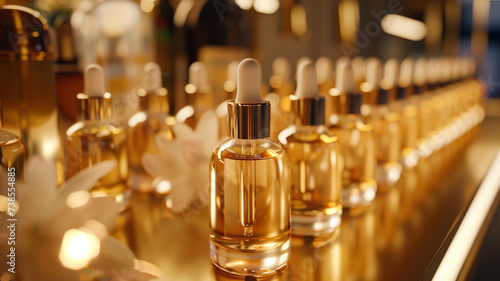 An array of luxurious cosmetic serum bottles bathed in a golden light  highlighting the elegance and high-quality of skincare products