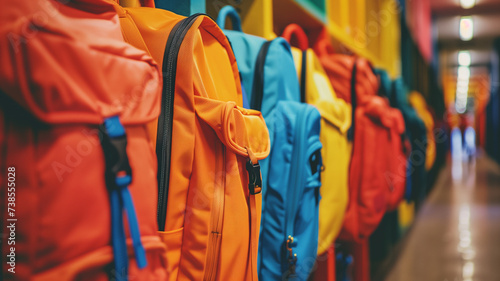 A vibrant array of colorful backpacks hangs against school lockers, signifying the excitement and diversity of school life