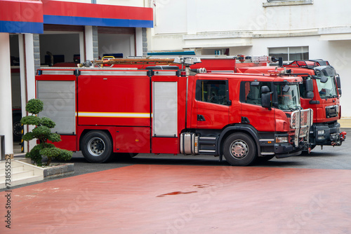 Tender fire and rescue vehicles are used to carry out rescue operations and extinguish fires in case of natural disasters, hydraulic platform, duty fire truck at the fire station. China photo