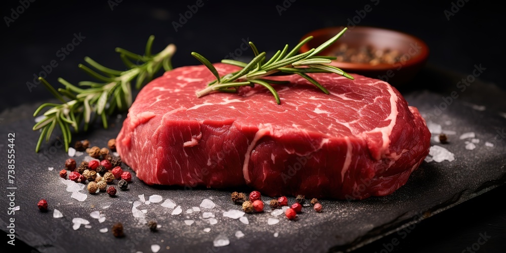 quality raw beef steak on black background with rosemary