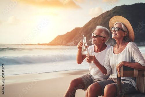 Portrait happy mature man with beautiful wife on his at beach. Senior couple enjoying their vacation at sea shore. © Екатерина Переславце