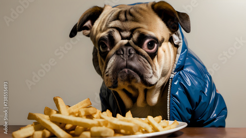 Dog wearing jacket and eating junk food on night, junk food coma