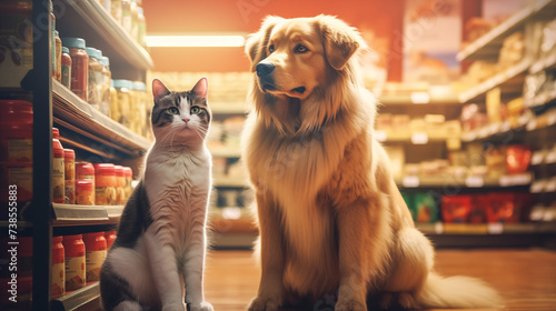 Pet shop, cat and dog in store, animal accessories, happy dog in pet supermarket photo
