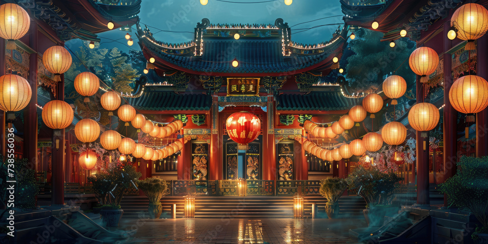 Traditional Chinese Buddhist Temple at night illuminated for the Mid-Autumn festival. Traditional Chinese lanterns display in Temple illuminated for Chinese new year festival