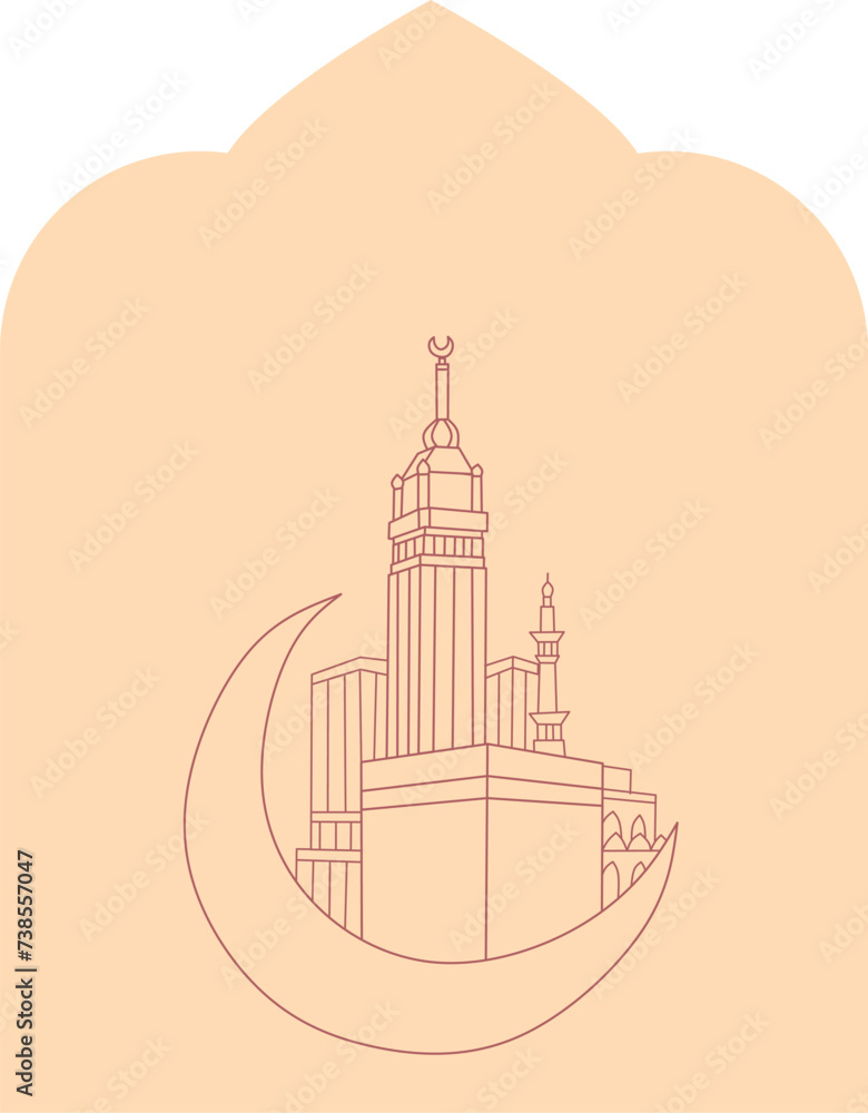 Ramadan Kareem holy month greeting card template with mosque. Ramadan Mubarak and Eid-Al-Fitr background. Modern flat thin line vector illustration. Poster, invitation, design elements. vector eps 10