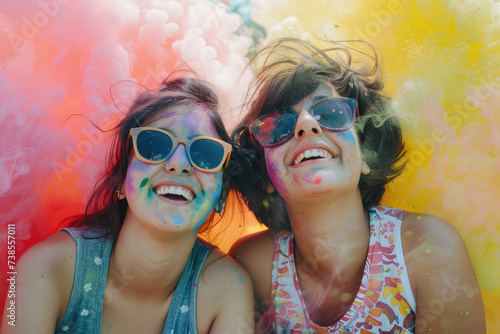 young women in sunglasses having a good time in a festival with colorful explosions