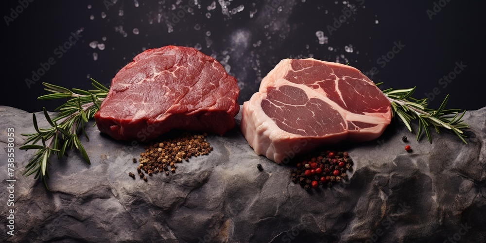 a piece of fresh meat on a table with a black background, high quality and hygienic beef