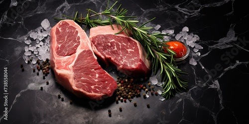 a piece of fresh meat on a table with a black background, high quality and hygienic beef