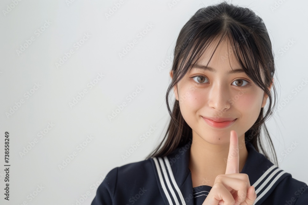 指をさす日本人の女子高生（白背景・案内・受験案内）