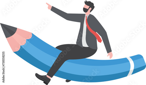 Pencil rocket as education, creativity or fun idea, imagination or creative freedom, launch new project or business improvement concept, young adult creative man riding pencil rocket flying in the sky