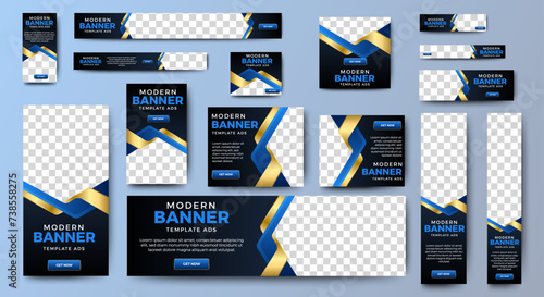 set of corporate web banners of standard size with a place for photos. Editable text. Vertical, horizontal and square template