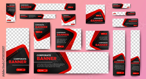 Professional business web ad banner template with photo place. Modern layout blue background and orange shape and text design	
