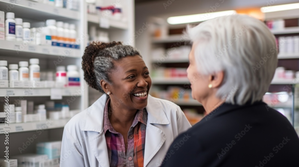 A professional friendly pharmacist helping an elderly smiling woman with advice on medical pills and medicines. Health care, Medical care for pensioners, health products.