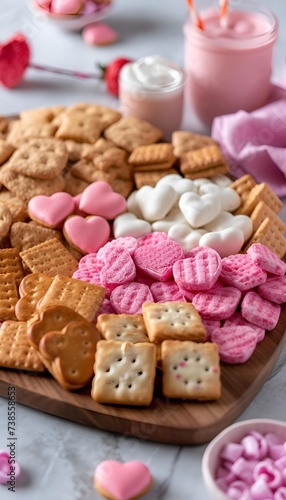 Assorted Sweet Biscuits and Candies on a Wooden Plate for a Valentines Day Celebration,image captures a variety of pink and white heart-shaped candies, marshmallows, and an assortment of biscuits