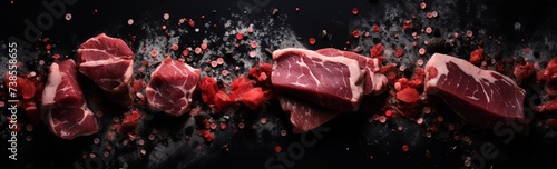 Slices of beef on a fresh red table, processed grilled meat and so there is empty space for text, greetings, wallpaper, posters, advertisements, etc.