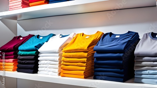 Folded colorful t-shirts on white shelves at store