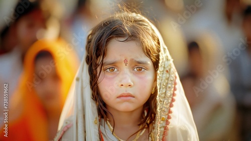 Silent Grief: Blurred onlookers fail to perceive the grief hidden in a child bride's eyes. photo