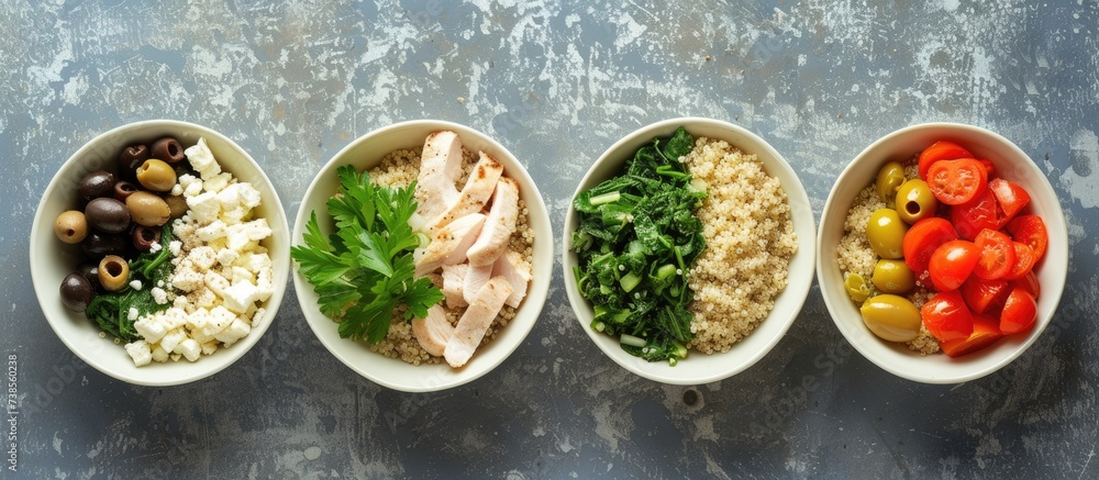 Creating a Quinoa and Chicken Buddha Bowl with Olives, Grilled Tomatoes, Spinach, Parsley, Onion, and Feta in a step-by-step process. Creating a Quinoa and Chicken Buddha Bowl with Olives, Grilled Tomatoes, Spinach, Parsley, Onion, and Feta in a step-by-step process.