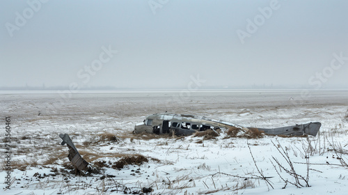 Detriti di Aereoplano in un prato innevato, Est-Europa, scenario Bellico photo