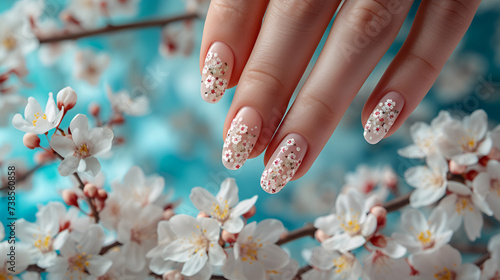Female hands with beautiful spring blooming flowers nail design on long nude color nails. Woman hands with trendy polish manicure on background with spring flowers. generative ai photo