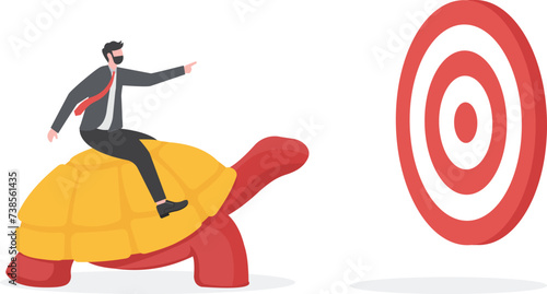 Slow business progress, laziness or procrastination, unproductive or efficiency concept, tried businessman riding snail slow walking on arrow to reach target.
