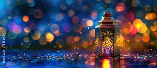 Ramadan Lantern Colorful Light Glowing at Night, Creating a Glittering Festive Greeting Card or Invitation for the Muslim Holy Month Ramadan Kareem
