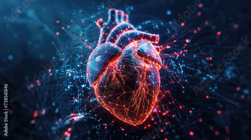 human heart with light grids symbolizing the complexity of cardiovascular health, nerve connections, impulses and nerve endings on a dark background photo