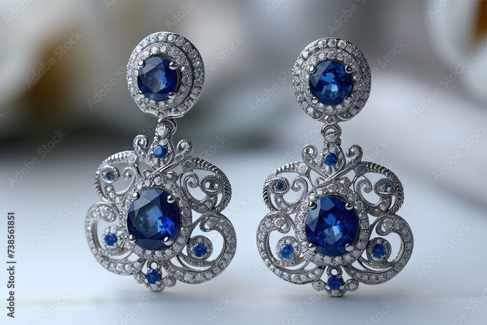Pair of sapphire earrings isolated on white, blue and white stone earring Pair of sapphire earrings isolated on white, blue and white stone earring