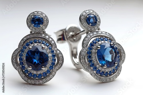 A pair of silver stud earrings with blue stones on white background 