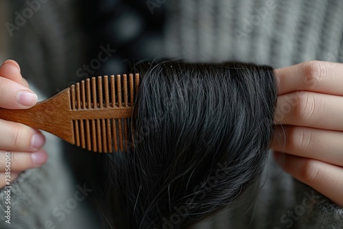 Close up. of beautiful silky hair is in hands of stylist while she combing by hairbrush 