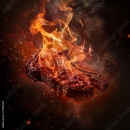 grilled beef steak on fire with smoke and flames on a dark background 