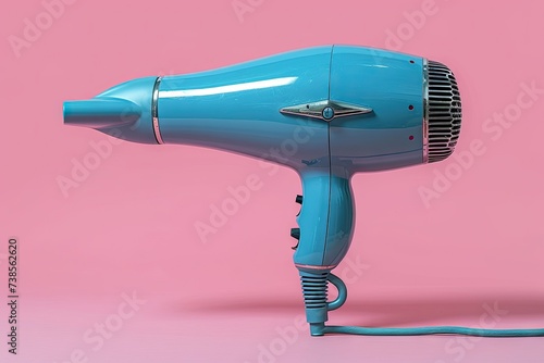 A blue blow dryer placed on a pink surface. Perfect for hair salons and beauty product advertisements