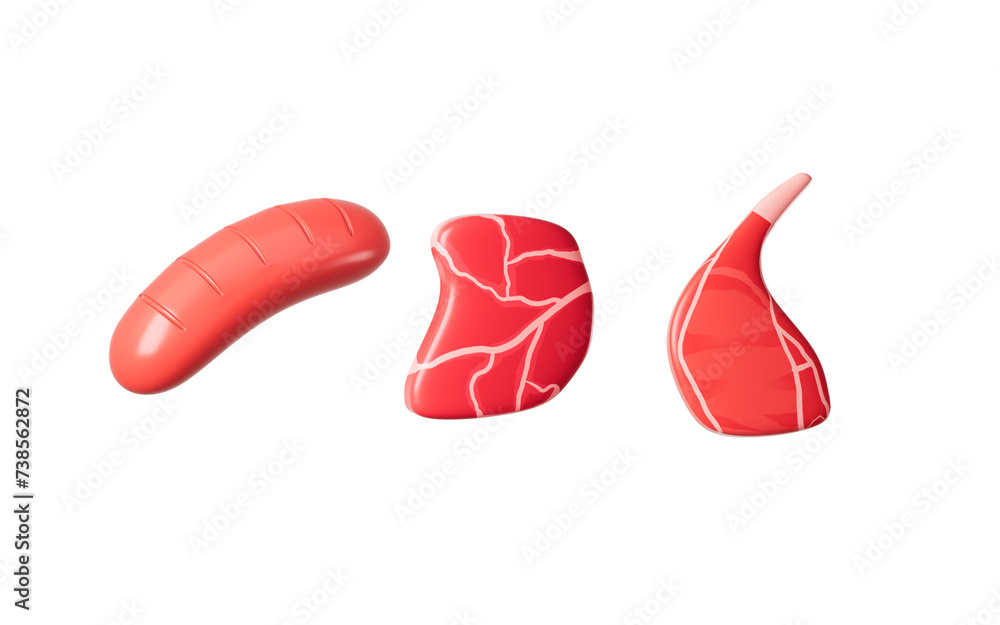 Cartoon raw meat and sausage model, 3d rendering. Cartoon raw meat and sausage model, 3d rendering.