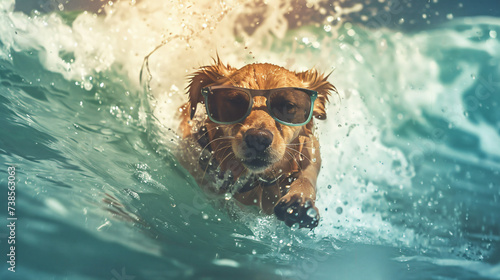 Cool dog surfing with sunglasses