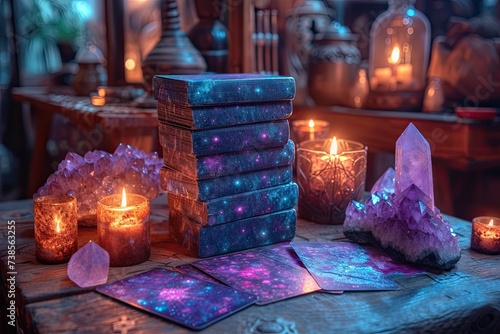 Mystic scene with tarrot cards and crystals on magic table for fortune telling. Astrology and Esoteric concept photo