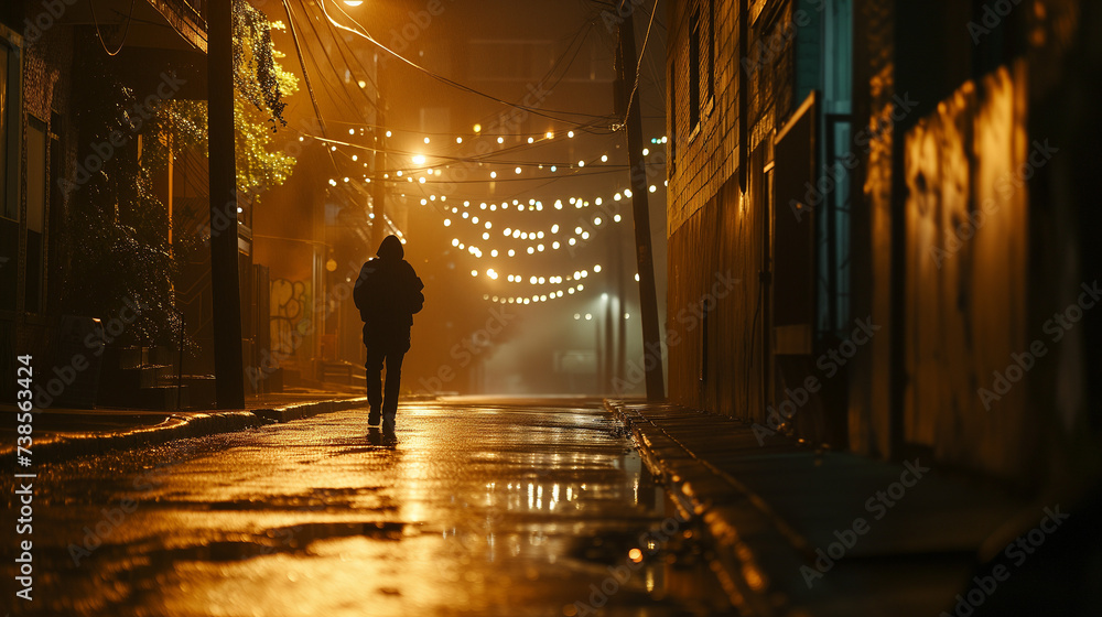A lone man strolls along a wet, misty street illuminated by cold yellow lights on a rainy night