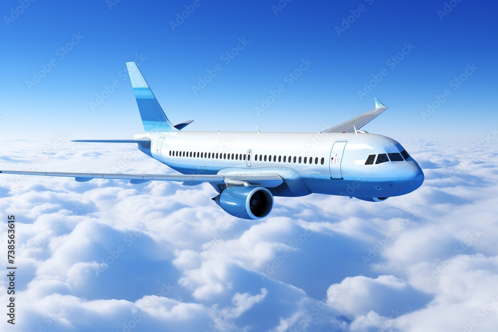 Airplane flying in the sky with clouds, beautiful aerial view of aircraft in flight