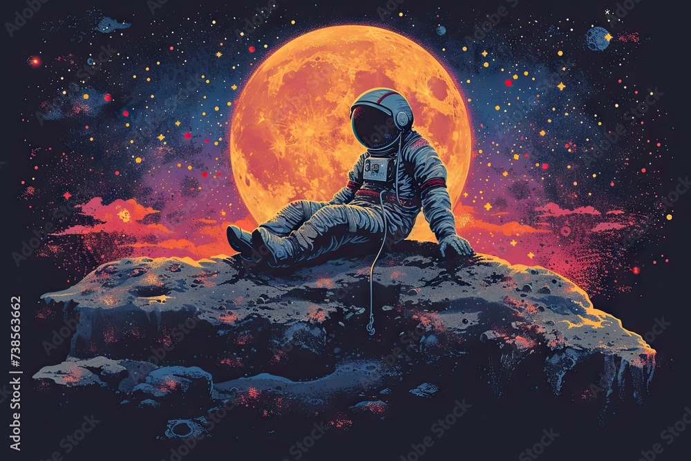A astronaut is sitting on a stone looking far over the planet - obrazy, fototapety, plakaty 