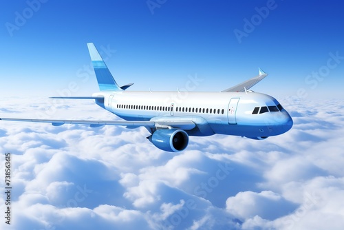 Airplane flying in the sky with clouds, beautiful aerial view of aircraft in flight