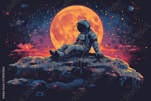 A astronaut is sitting on a stone looking far over the planet photo